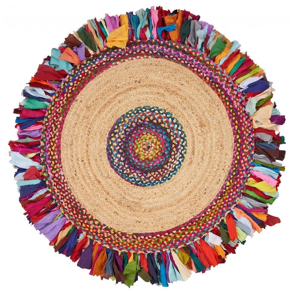 Homeroots 42 x 42 in. Natural Jute Multi Colored Medallion Area Rug with Fringe 394170 - main